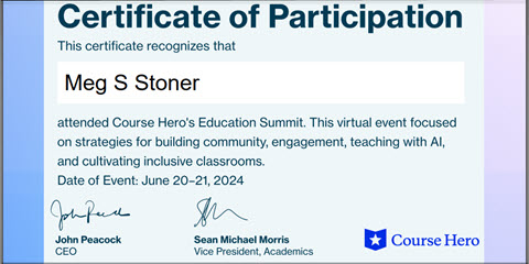 Education Summer 2024 Certificate Meg Stoner